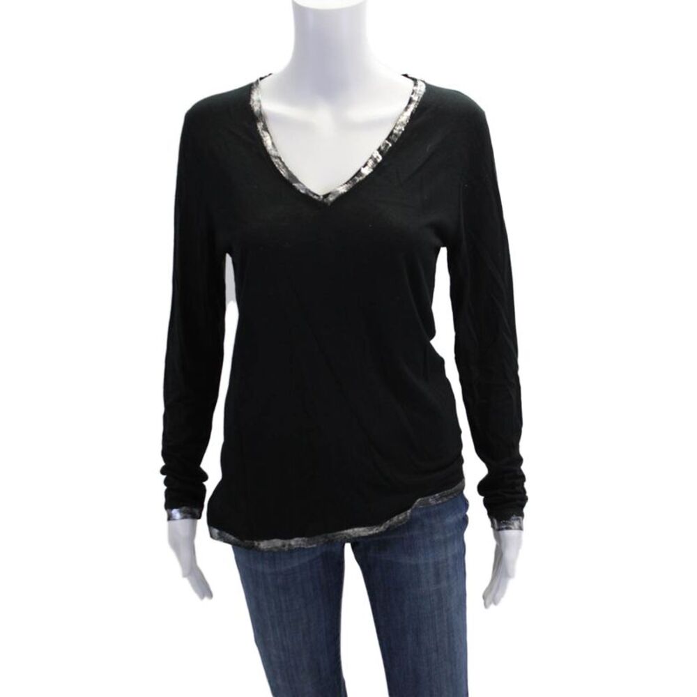 Notshy Womens V-Neck Silver Tone Strip Detail Long Sleeve Top Black Size M